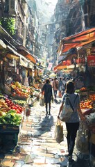 Naklejka premium Lively Urban Market Scene with Shopper and Eco-Friendly Tote Bag Filled with Fresh Produce