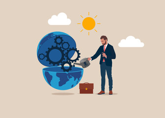 Businessman put lubricant oil on machine gear of opening globe. International opportunity for business, work or investment, searching for oversea business concept. Flat vector illustration.