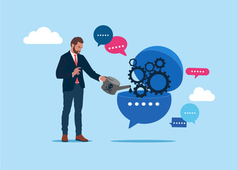 Businessman put lubricant oil on machine gear of opening speech bubble. Discussion, conversation discussing work in meeting. Flat vector illustration.