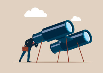 Tiny businessman with grand binoculars to see new vacancy, for work position. Searching for candidate. Opportunity. Flat vector illustration