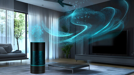 A sleek, modern air purifier in a stylish living room.  Clean, blue energy streams visualize purified air flowing throughout the space.  The design is minimalist and sophisticated.