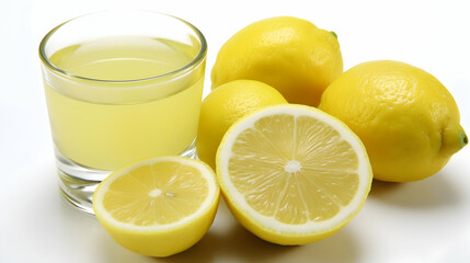 A glass of lemon juice with whole and halved lemons, showcasing freshness and flavor.
