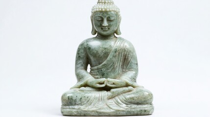 Green jade Buddha statue sitting in a meditative pose, highlighted by expert carving on a plain white background.