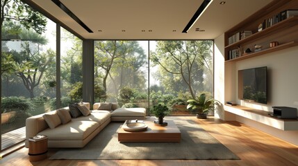 Modern Living Room with Panoramic Forest View