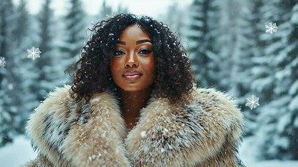 Beautiful black woman wearing fur coat enjoying winter snowfall in snowy forest