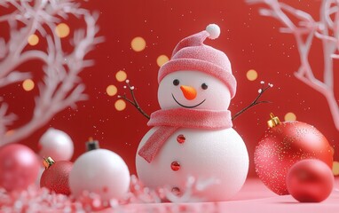 Fototapeta premium 3D cute Snowman on bright christmas background