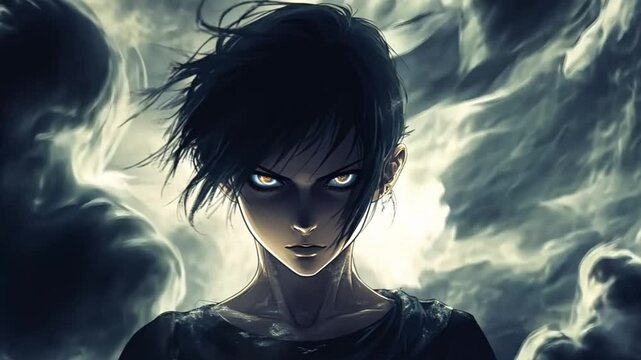 Dark anime girl with glowing eyes emerging from mysterious smoke