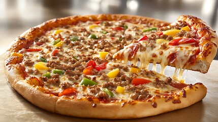 A golden crust supreme pizza slice being lifted revealing colorful toppings and stringy cheese in a bright cafe