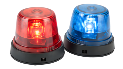 Red and blue flashing lights on a transparent background close-up
