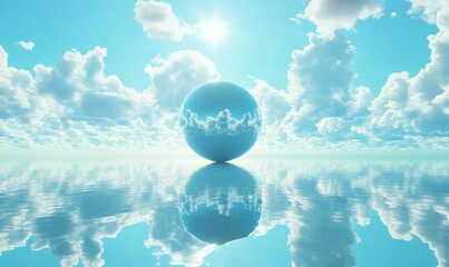 serene sky and cloud reflection. A mirror sphere in the middle of a sea. A tranquil scene of fluffy white clouds. Futuristic panoramic landscape