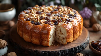 Close-up of sliced kulich with raisins and nuts