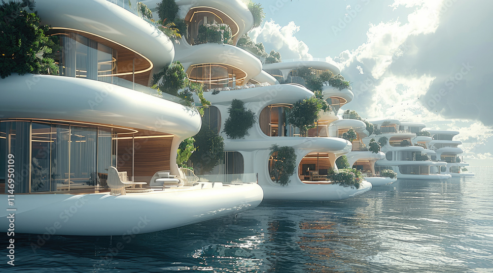 Poster Walkway perspective of floating city on the ocean, with Modern urban architecture featuring multiple interconnected buildings.
