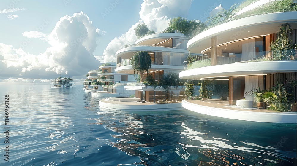 Poster Walkway perspective of floating city on the ocean, with Modern urban architecture featuring multiple interconnected buildings.