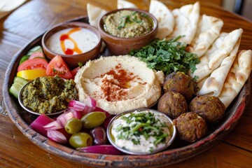 Delicious spread of assorted Mediterranean dishes served on a wooden platter with fresh vegetables, dips, and pastries enjoyed at a casual gathering