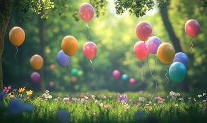 Party Balloons in Natural Woodland Environment. Springtime Celebration Concept.