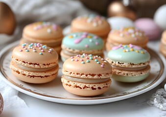 Fototapeta premium Colorful macarons with Easter designs on a white plate.
