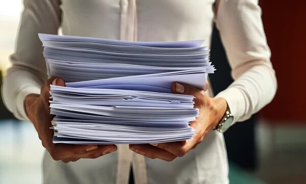 An accountant carries a stack of documents in his hands. A female secretary holds a stack of papers in her hands. Concept: Office worker, tax reports, documentation. Al-generated, Al-generative