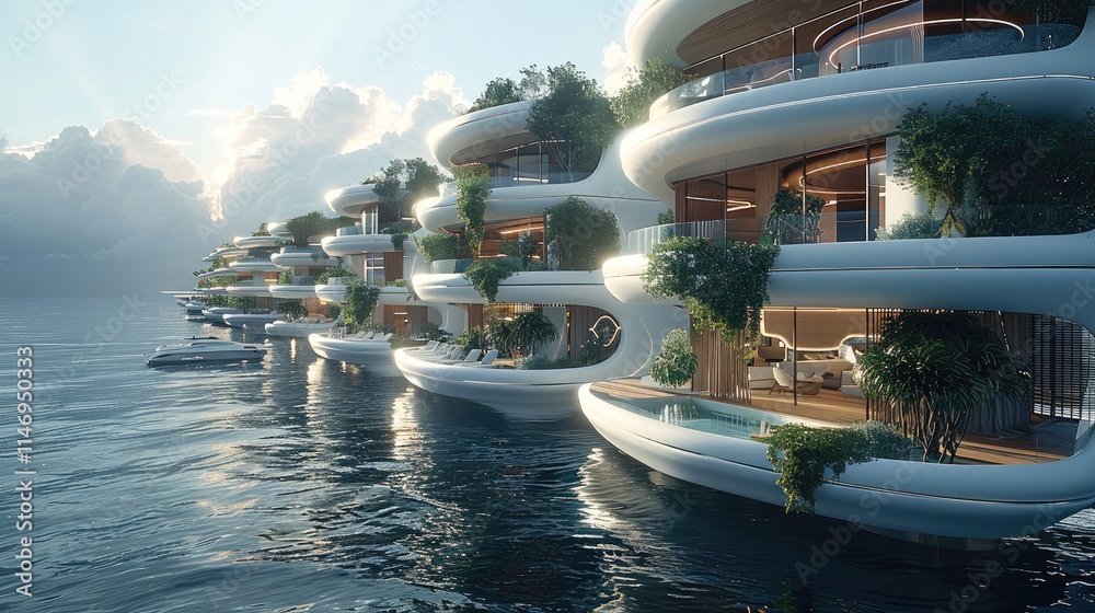 Poster Walkway perspective of floating city on the ocean, with Modern urban architecture featuring multiple interconnected buildings.
