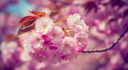 Blossoming cherry tree branch with vibrant pink flowers in springtime nature scene