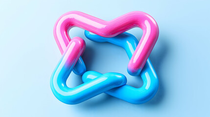 A colorful abstract design featuring intertwined pink and blue shapes creating a star-like form.