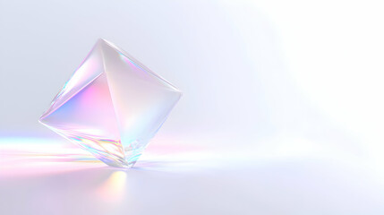 A translucent prism reflecting light and colors on a soft, white background.