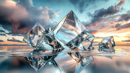 Crystal pyramids reflect in a serene landscape at sunset, creating a tranquil atmosphere.