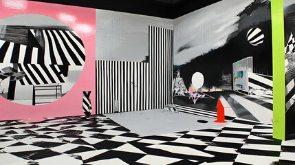 A vibrant, abstract mural with bold geometric patterns and contrasting colors in a gallery space.