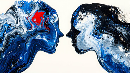 Abstract art depicting two human profiles in contrasting colors and fluid shapes.
