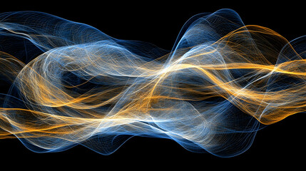 Abstract waves of blue and orange light create a dynamic visual flow against a dark background.