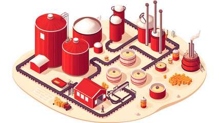 A stylized industrial facility featuring storage tanks and processing equipment.