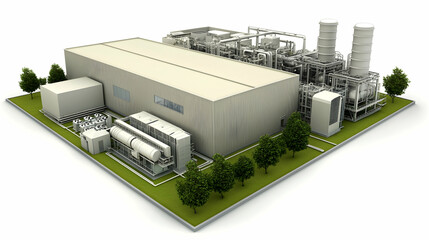 A large industrial facility featuring machinery and cooling towers, surrounded by greenery.