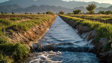 Fototapeta premium An irrigation canal flowing through a field with mountains in the background.