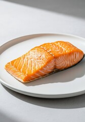 Fresh raw salmon fillet on white plate with natural light for healthy cooking and meal preparation