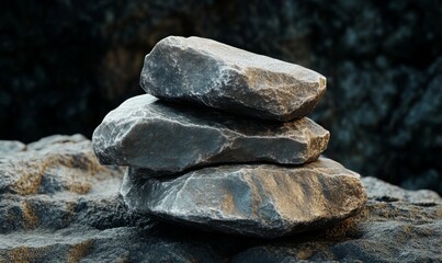 Simple arrangement of stones stacked delicately, textures and balance highlighted. .