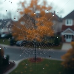 Naklejka premium Shattered Window with Water Droplets & Autumn Bokeh | Serene, Melancholic Suburban Scene in Warm Tones