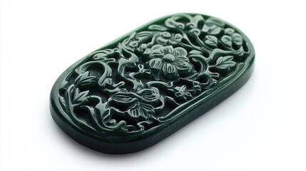Traditional 3D green jade pendant featuring detailed carvings, isolated on a white background for a refined look.