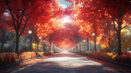 Sunlit autumn path lined with vibrant red trees.