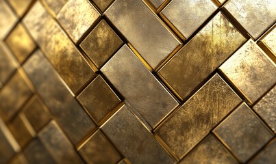 Luxurious Tiles arranged to create a Herringbone wall. 3D, Polished Background formed from Gold blocks.