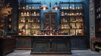Interior of a vintage apothecary shop with wooden shelves, bottles, warm lighting, and rustic decor, evoking historical charm.