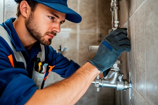 Skilled plumber repairing pipes in a modern bathroom with focus and precision - Powered by Adobe