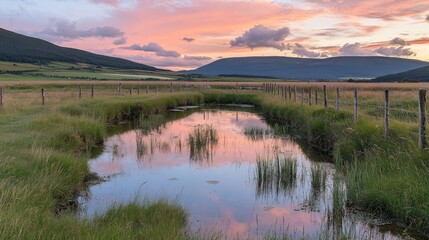 Fototapeta premium Serene sunset over calm stream reflecting pink clouds and distant hills in a tranquil grassy field with wooden fence.