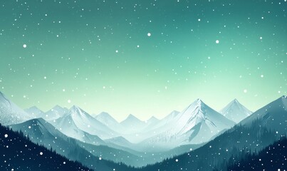 Snow covered Mountains with Aurora Lights. Green Sky Wallpaper with copy-space.