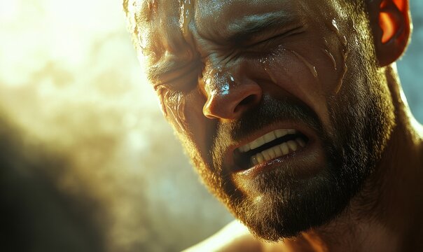 Man crying tears of happiness, his expression unguarded and pure, bright sunlight reflecting his joy and emotion, a blurred background, .