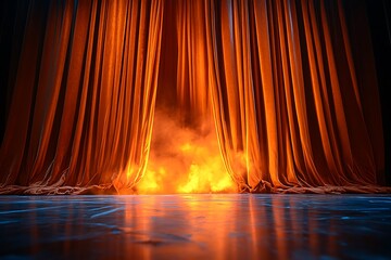 An empty stage with orange velvet curtains, smoke, and dramatic lighting, ready for a captivating performance.