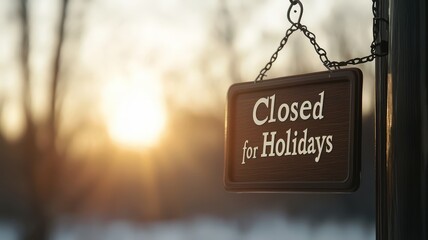 closed for holidays concept. Closed sign hanging outdoors at sunset, indicating holiday hours.