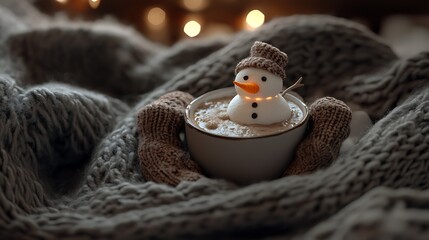 Obraz premium Cozy scene with hot chocolate and a melting snowman marshmallow surrounded by woolen mittens