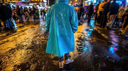 Obraz premium Person in teal raincoat standing in a rain-soaked city street at night, surrounded by a blurred crowd.