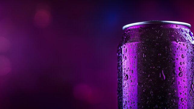 Refreshing Beverage Can with Water Droplets and Purple Background