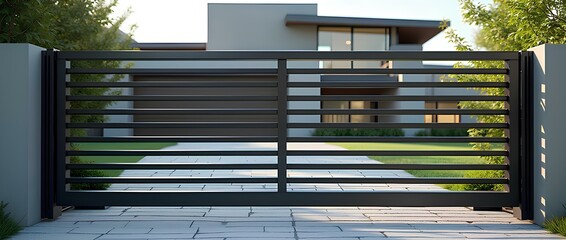 Automatic Sliding Gate and house automation door metal entrance of home residence garden or elegance building with wall, empty garage or industrial warehouse with black forged metal