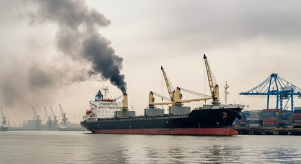 Naklejka premium Cargo ship with cranes at port, emitting smoke Industrial background